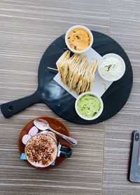 High angle view of breakfast on table