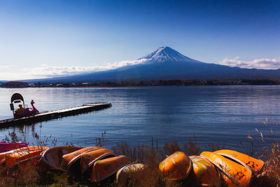 Scenic view of lake by snowcapped mountains against sky