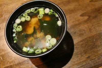 High angle view of soup in bowl on table