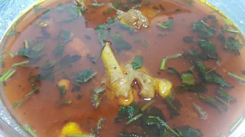 High angle view of soup in bowl