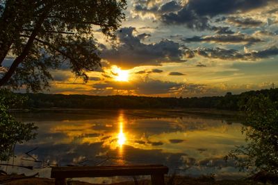 Scenic view of lake against orange sky