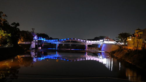 Illuminated bridge over river in city against clear sky at night