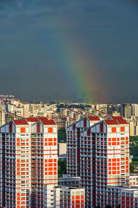 High angle view of buildings against blue sky