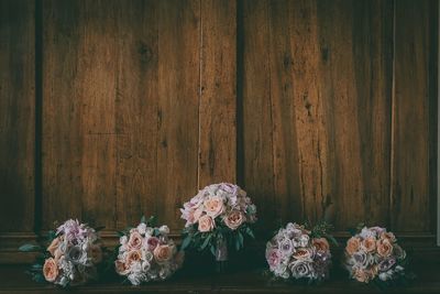 Close-up of flowering plants on table against wall
