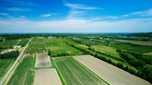 Aerial scenic view of agricultural field against sky