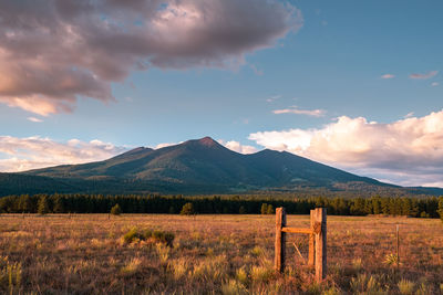 Scenic view of field and mountains against sky