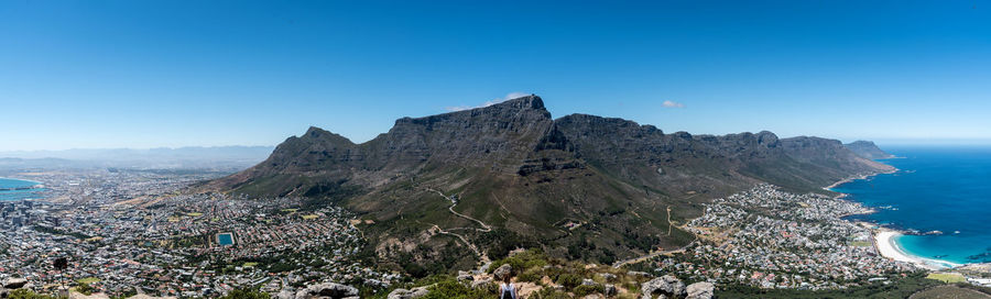 Scenic view of mountains against clear blue sky