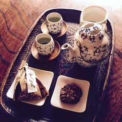 High angle view of breakfast on table