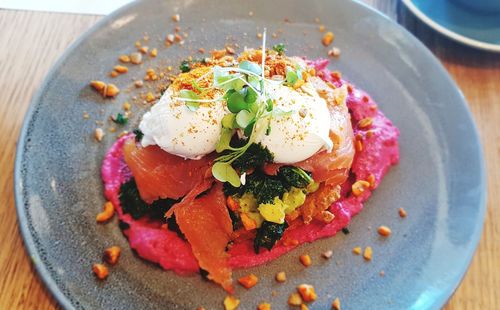 High angle view of breakfast served in plate