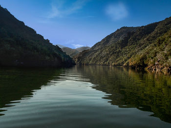 Scenic view of lake and mountains against sky