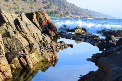 Scenic view of rocks in sea against sky