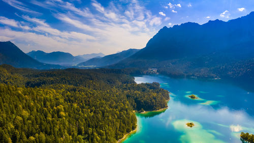 Aerial view of eibsee lake with zugspitze mountain in background