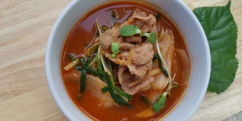 High angle view of soup in bowl on table