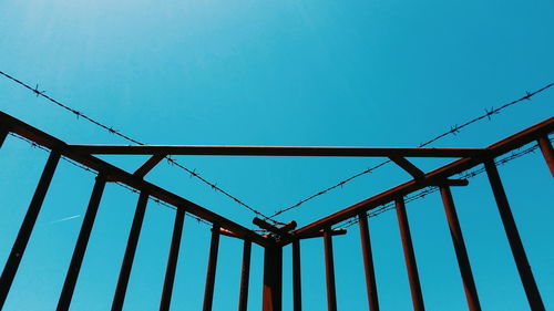Low angle view of metallic railings against clear sky