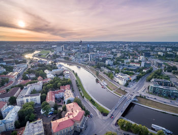 High angle view of cityscape against sky during sunset