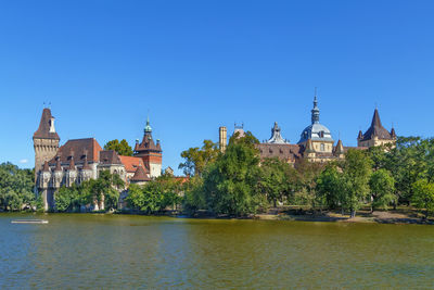 View of vajdahunyad castle from lake, budapest, hungary