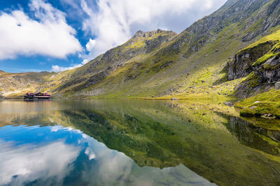 Scenic view of lake and mountains against sky