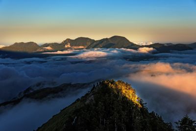 Scenic view of mountains against sky during sunset