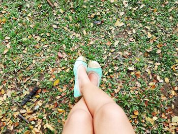 Low section of woman sitting over grassy field