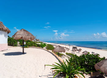 Scenic view of beach against blue sky