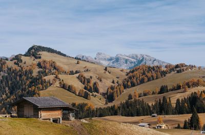 Houses on mountain against sky