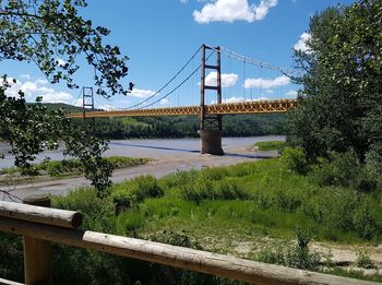 View of suspension bridge over river