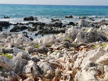 Scenic view of rocks on beach against sky