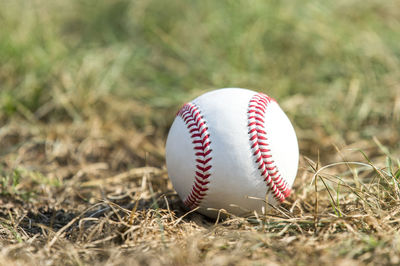 Close-up of baseball on grassy field