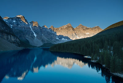 Scenic view of lake and mountains against clear blue sky