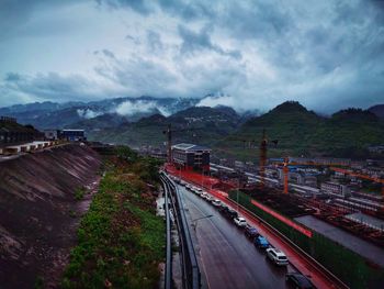 High angle view of train against sky