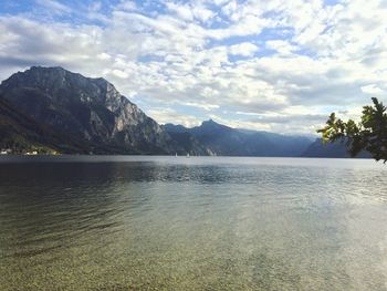 Scenic view of calm lake against cloudy sky