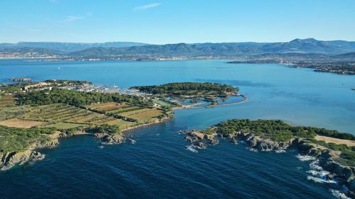 High angle view of bay against sky