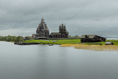 Russia. kizhi island on lake onega. wooden domes of the architectural ensemble kizhi pogost