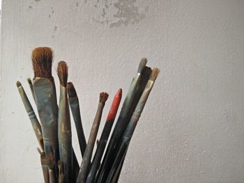 Close-up of paintbrushes against wall