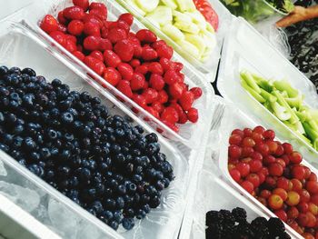 High angle view of strawberries in container