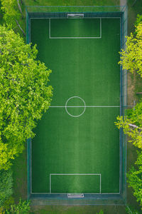 Aerial view of soccer field amidst trees