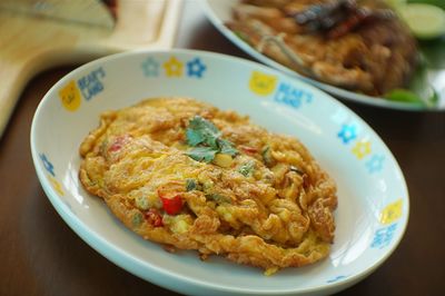 High angle view of breakfast served on table