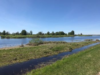 Scenic view of lake against clear blue sky