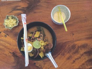 High angle view of breakfast on table