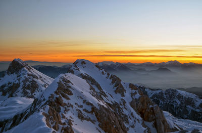 Scenic view of snowcapped mountains against sky during sunset