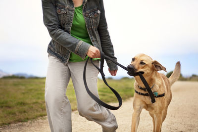 Man with dog standing on land