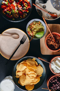 High angle view of breakfast served on table