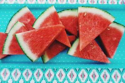 High angle view of watermelon slices in plate