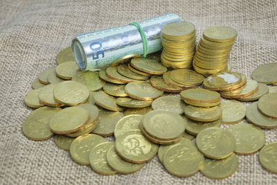 High angle view of coins