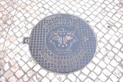 High angle view of text on tiled floor