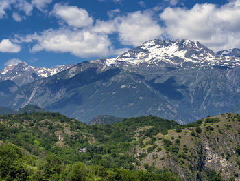 Scenic view of snowcapped mountains against sky