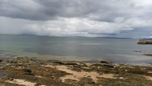 Scenic view of sea against storm clouds