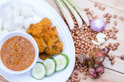 High angle view of food in plate