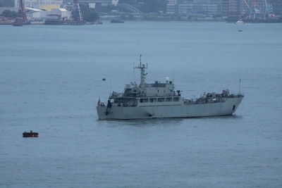 High angle view of ship sailing on sea