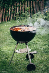 Close-up of meat on barbecue grill in yard